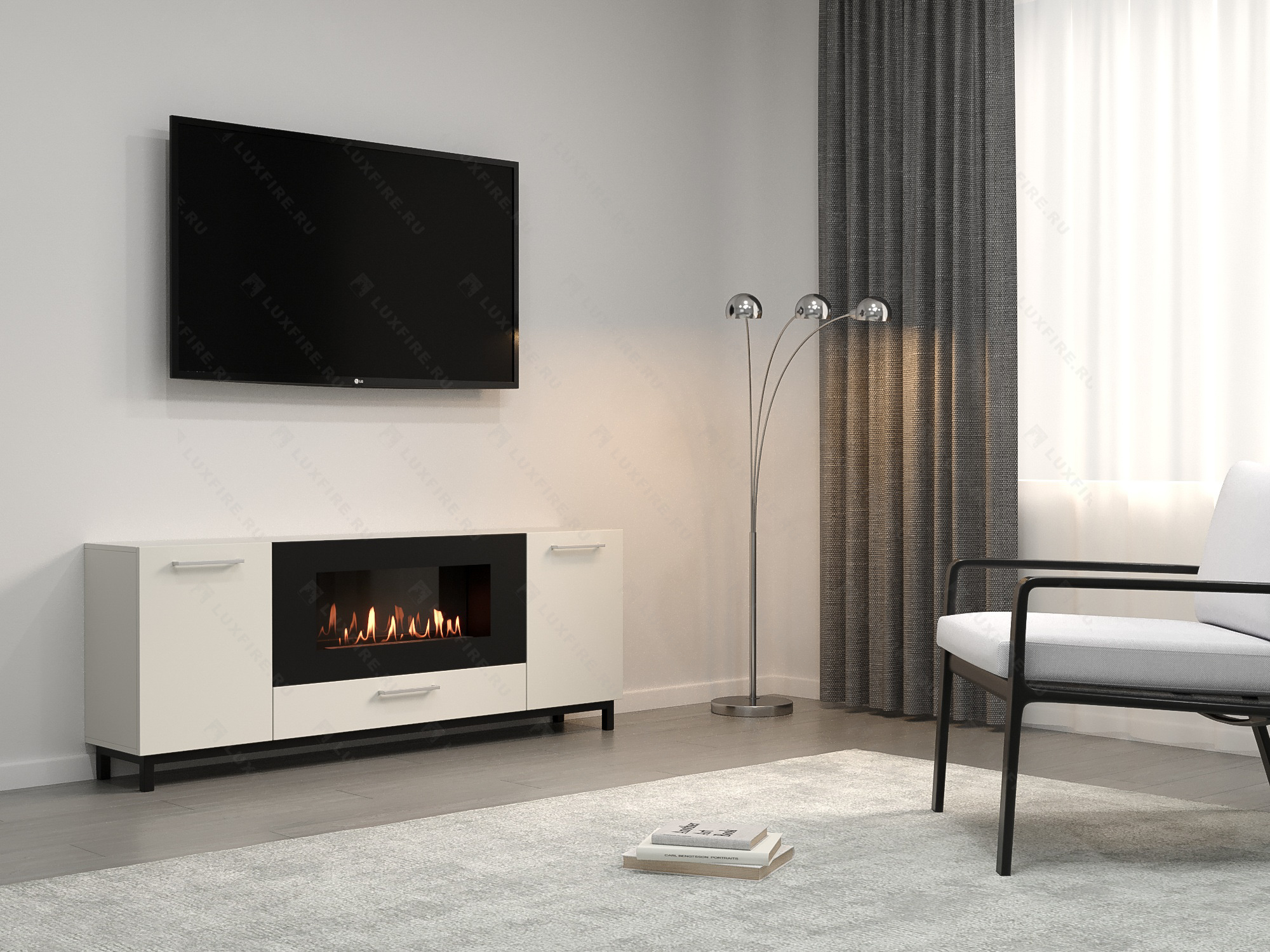 Тумба ТВ Lux Fire "Амур" напольная 1700 матовая, белая с биокамином 900 по цене 96 124 руб.